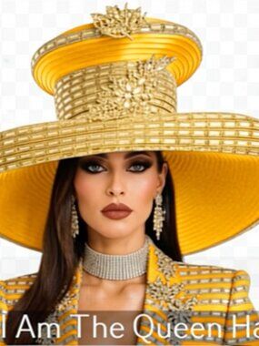 I Am The Queen Church Hat Style 10008 – Gold Couture Hat with Silver Rhinestones